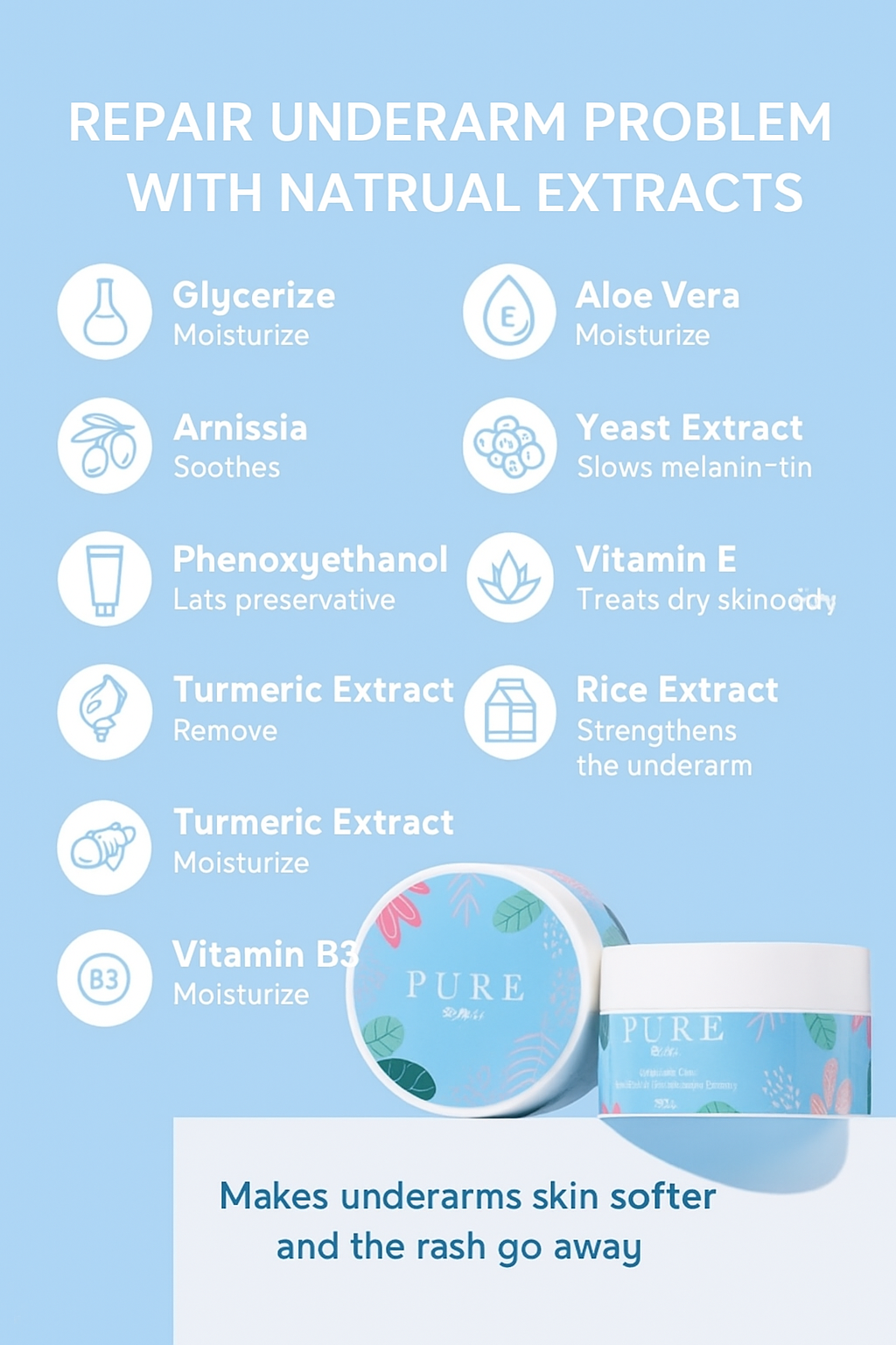 🌿 PURE Whitening Care Cream – Natural Brightening & Smooth Skin Booster (50g) – Natural Underarm, Knee & Elbow Brightening Cream for Smooth, Even-Toned Skin