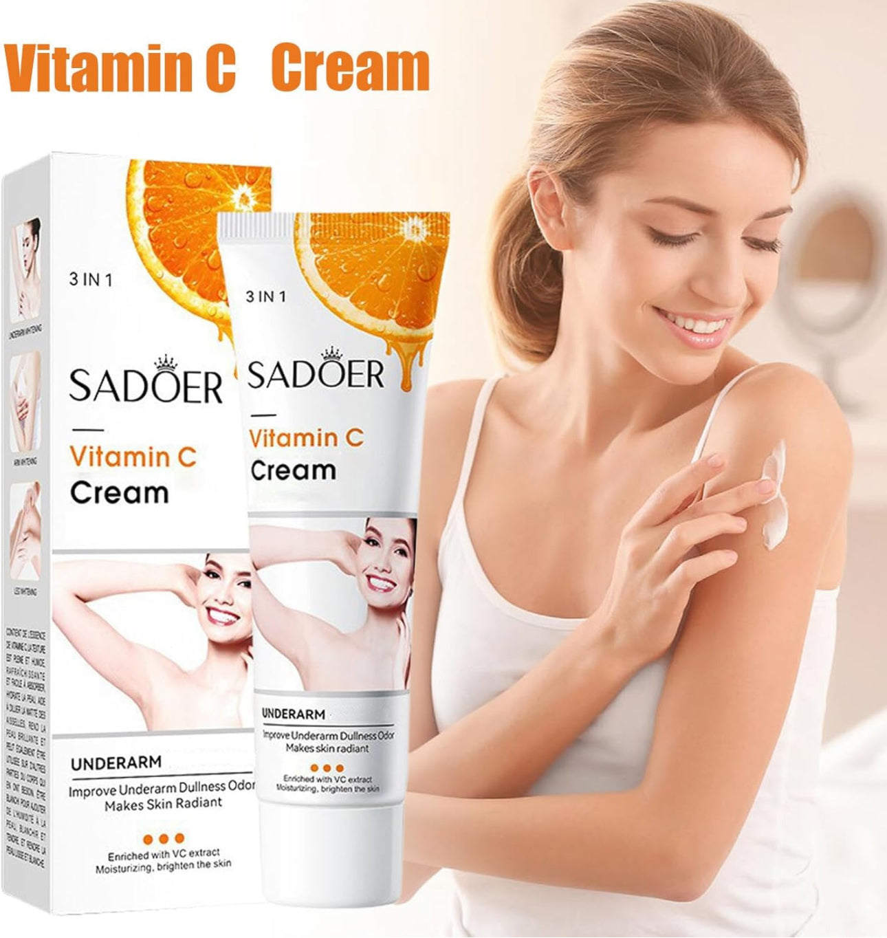 Sadoer Vitamin C Cream 3 in 1, Moisturizing Skincare Underarm Cream, Hyaluronic Acid Body Corrector Cream, Skin Tone Even Cream for Armpit, Neck, Knees, Elbows, Inner Thigh, Private Parts
